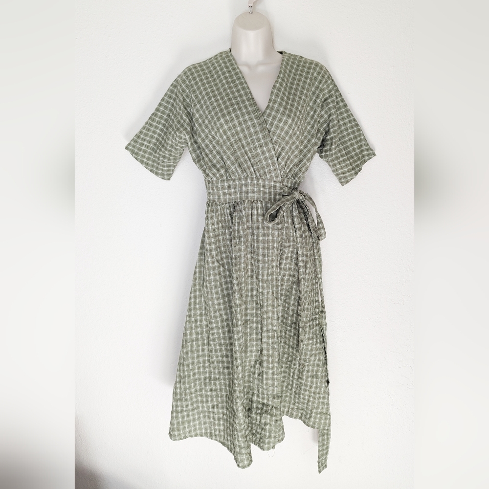 Grace & Chili Green Gingham Plaid Wrap Midi Dress Medium Modest